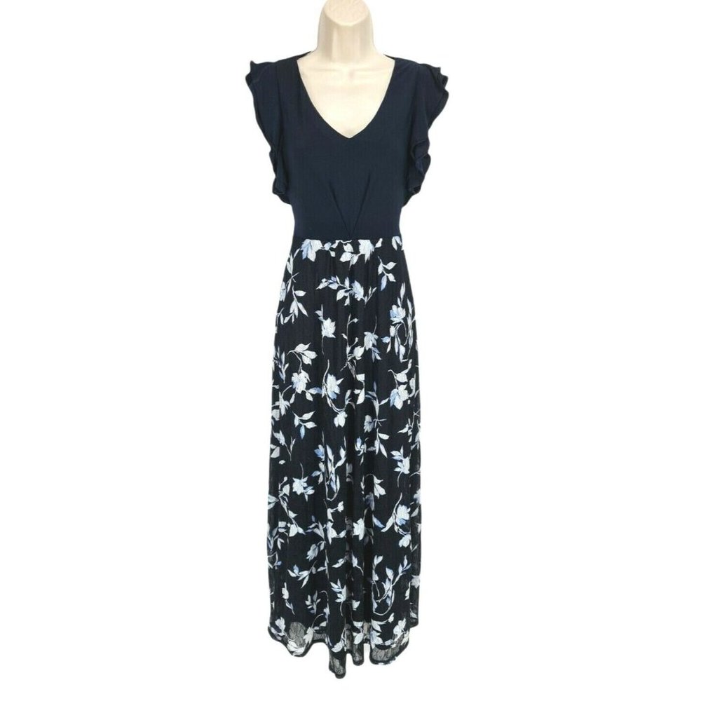 Phase Eight Navy Blue Floral Lace Flare Maxi Dress Women Size S V-Neck Flare SLV